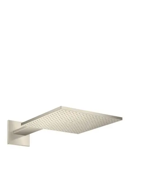 Kopfbrause in Brushed Nickel mit quadratischer Form und feinen Düsen, montiert an einem schlichten Brausearm von AXOR. Minimalistisches Design für Badezimmer.